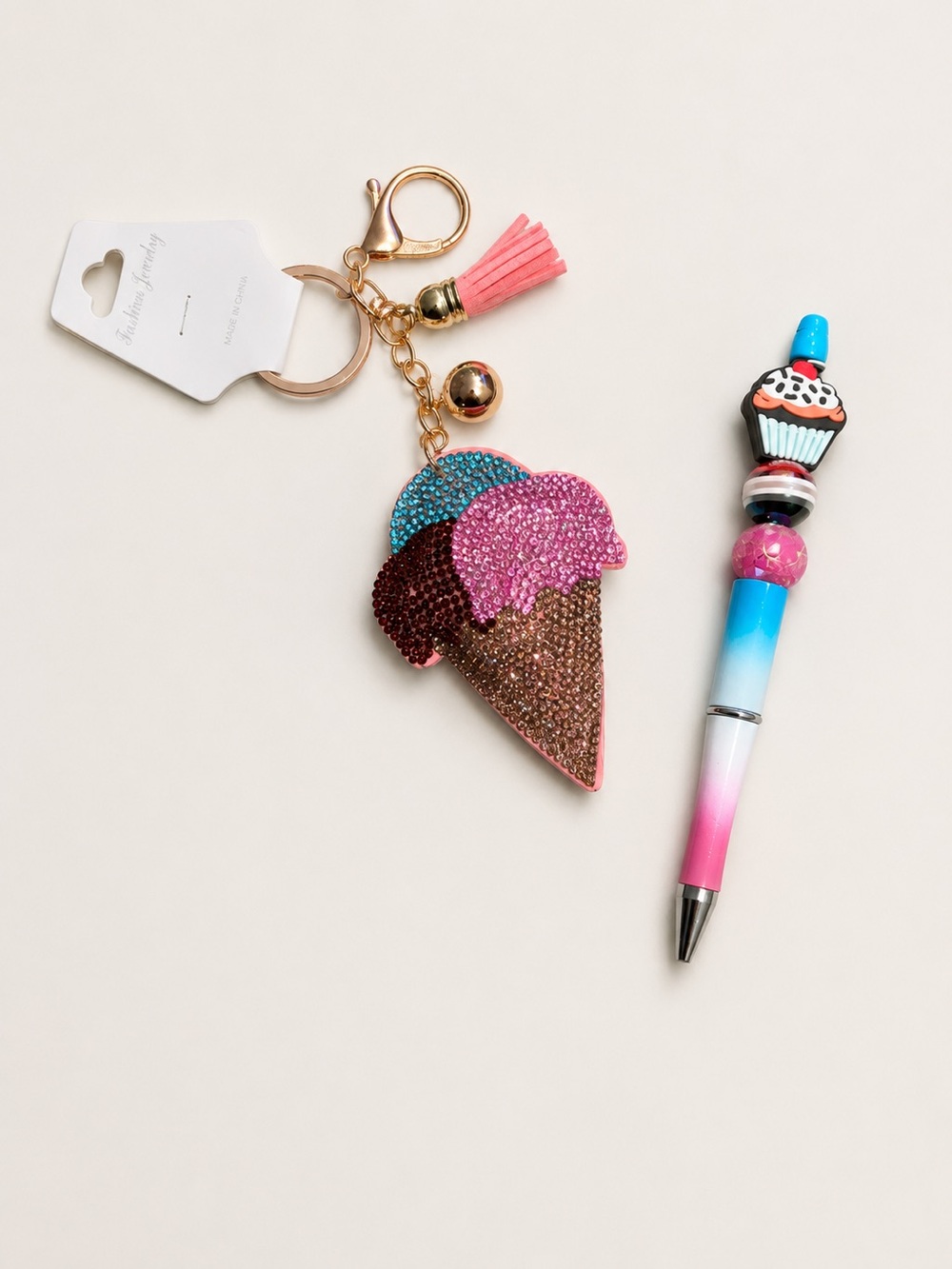 Rhinestone Ice Cream Cone Keychain with Tassel and beaded, handmade cupcake pen